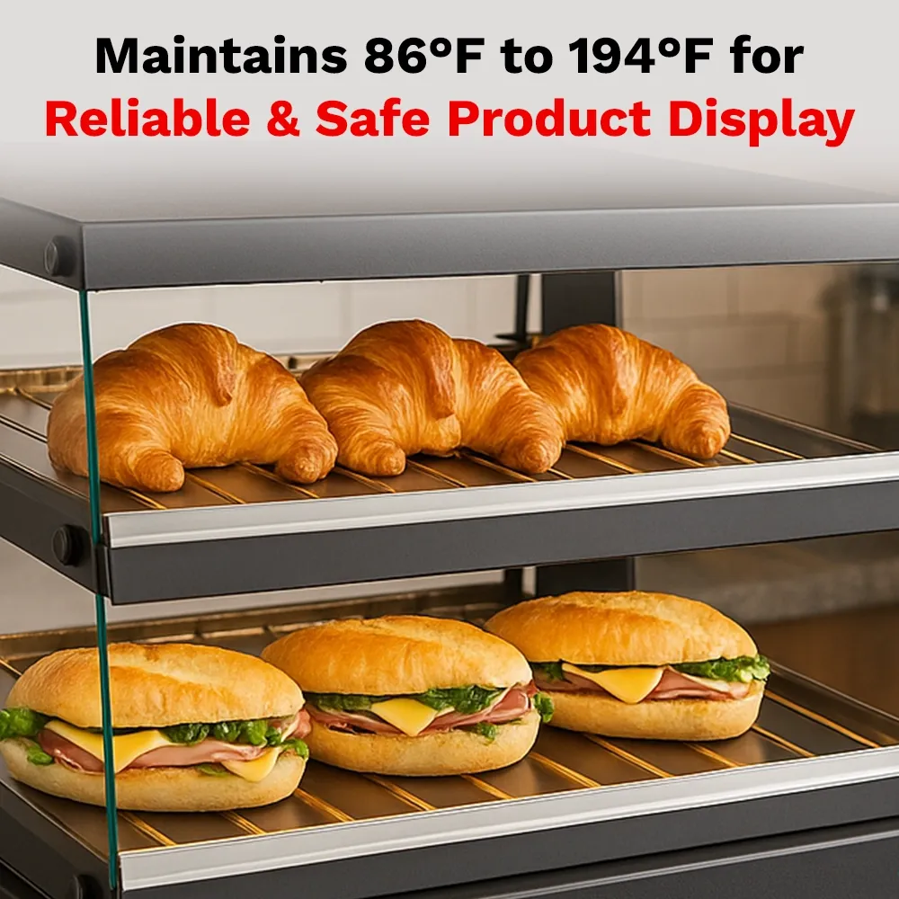BakeMax BMHGG01 Titan Series heated countertop display case with stainless steel frame, glass doors, and warming shelves for bakery or food items.