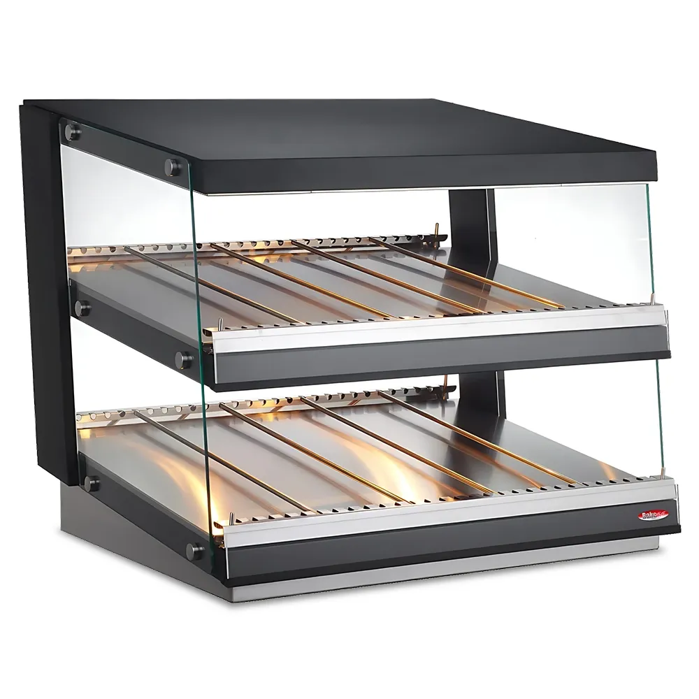 BakeMax BMHGG01 Titan Series heated countertop display case with stainless steel frame, glass doors, and warming shelves for bakery or food items.