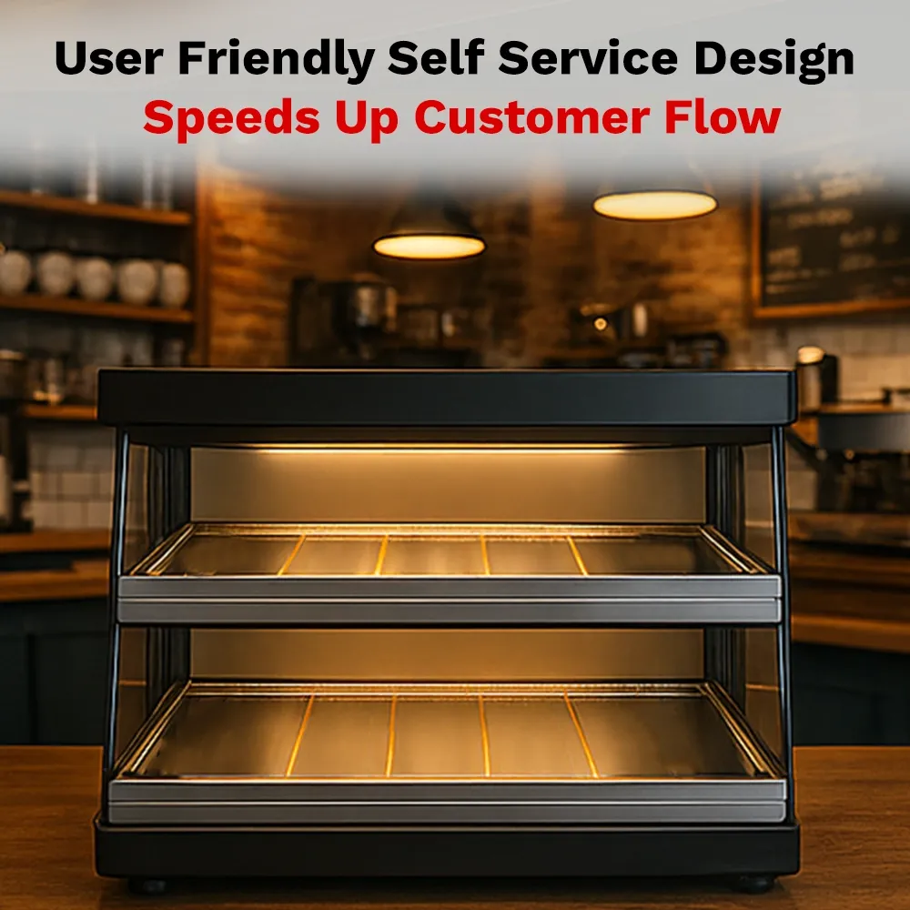 BakeMax BMHGG01 Titan Series heated countertop display case with stainless steel frame, glass doors, and warming shelves for bakery or food items.