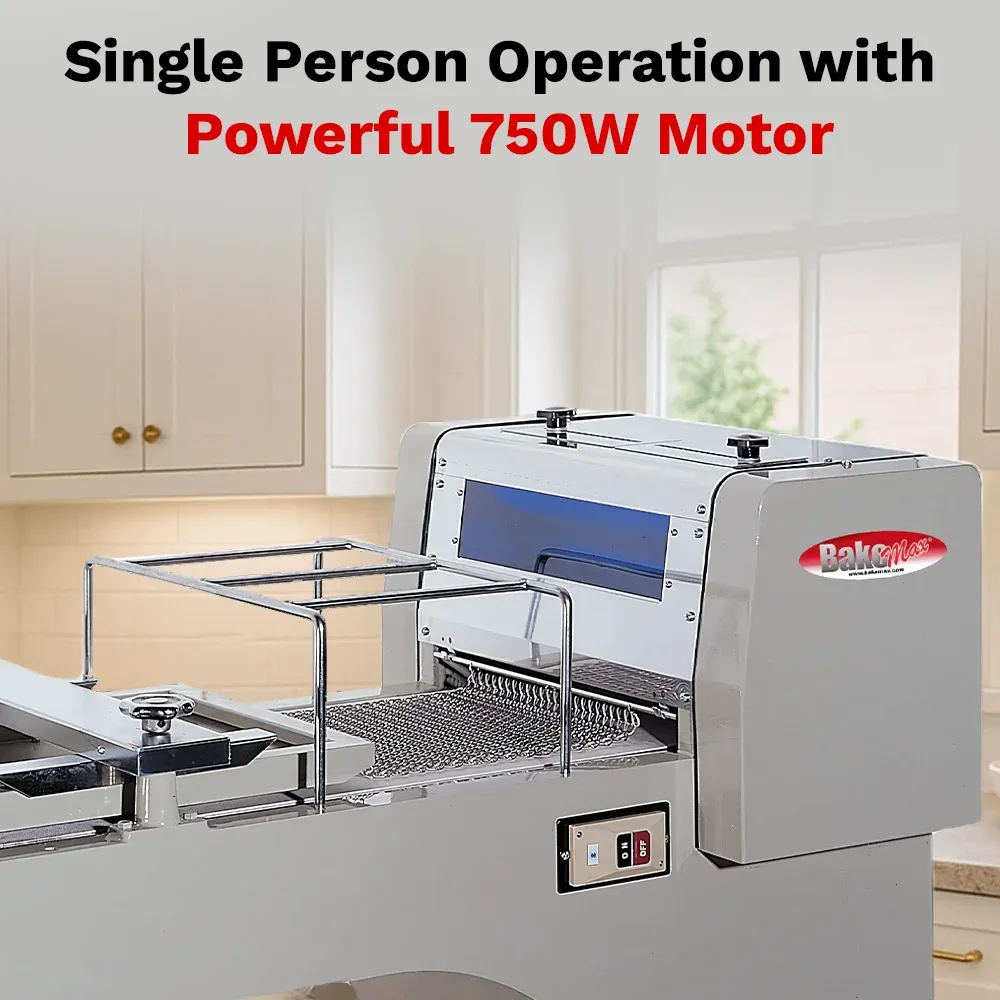 BakeMax Titan Series mini dough moulder with compact countertop design, stainless steel build, and adjustable rollers for shaping small dough pieces.