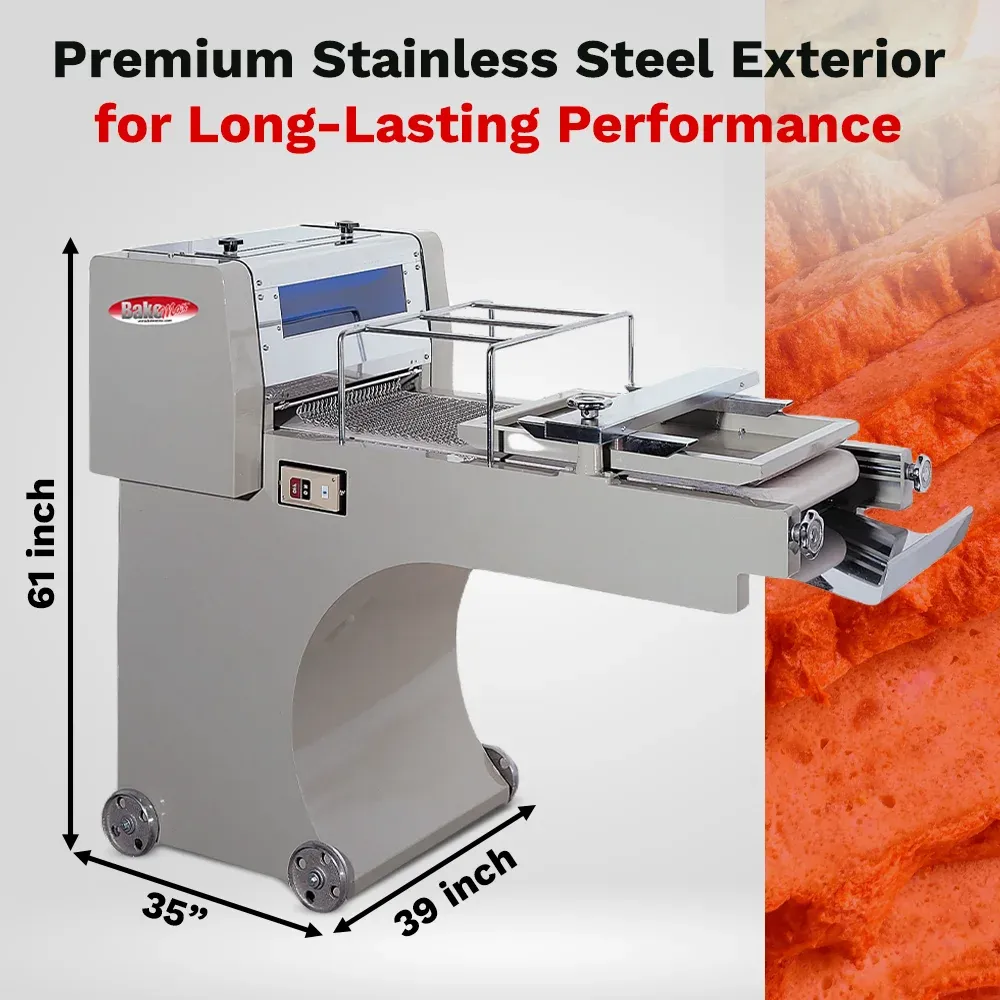 BakeMax Titan Series mini dough moulder with compact countertop design, stainless steel build, and adjustable rollers for shaping small dough pieces.