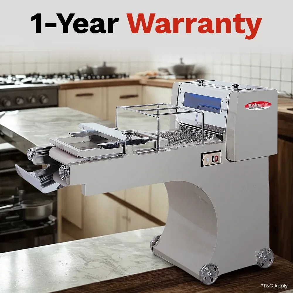 BakeMax Titan Series mini dough moulder with compact countertop design, stainless steel build, and adjustable rollers for shaping small dough pieces.