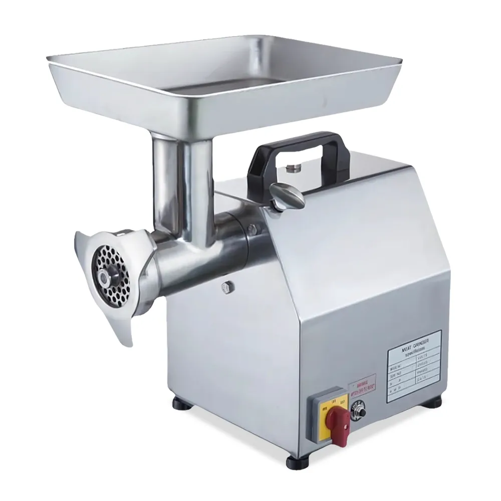 BakeMax electric meat grinder with four hundred eighty-five pounds per hour capacity, compact design ideal for delis and grocery stores.