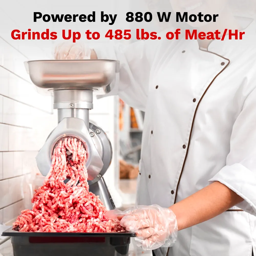 BakeMax electric meat grinder with four hundred eighty-five pounds per hour capacity, compact design ideal for delis and grocery stores.