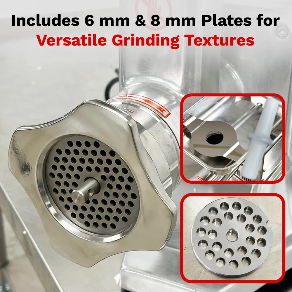 BakeMax electric meat grinder with four hundred eighty-five pounds per hour capacity, compact design ideal for delis and grocery stores.