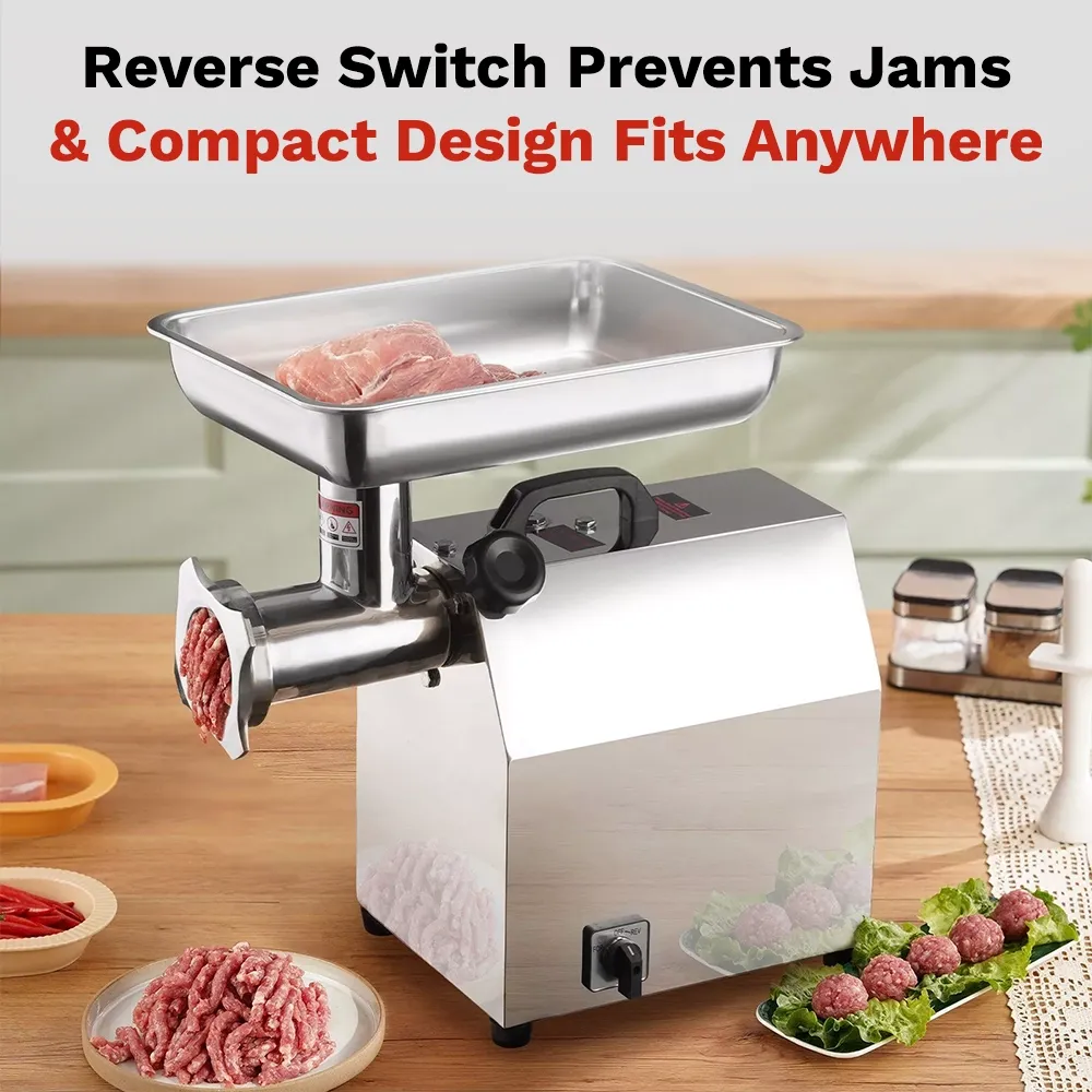 BakeMax electric meat grinder with four hundred eighty-five pounds per hour capacity, compact design ideal for delis and grocery stores.