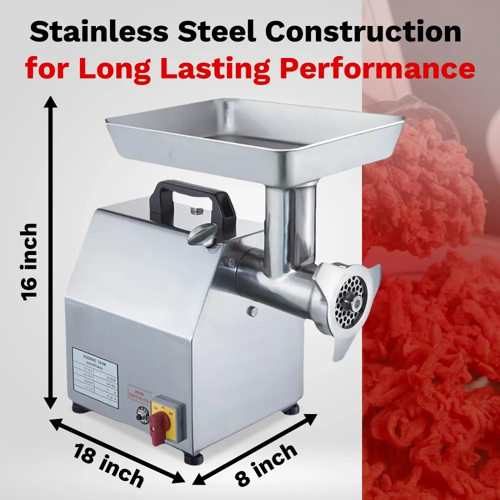 BakeMax electric meat grinder with four hundred eighty-five pounds per hour capacity, compact design ideal for delis and grocery stores.