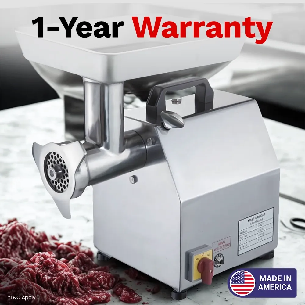 BakeMax electric meat grinder with four hundred eighty-five pounds per hour capacity, compact design ideal for delis and grocery stores.