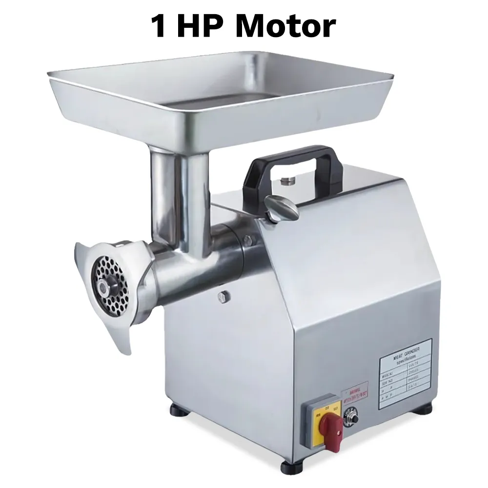 BakeMax electric meat grinder with four hundred eighty-five pounds per hour capacity, compact design ideal for delis and grocery stores.