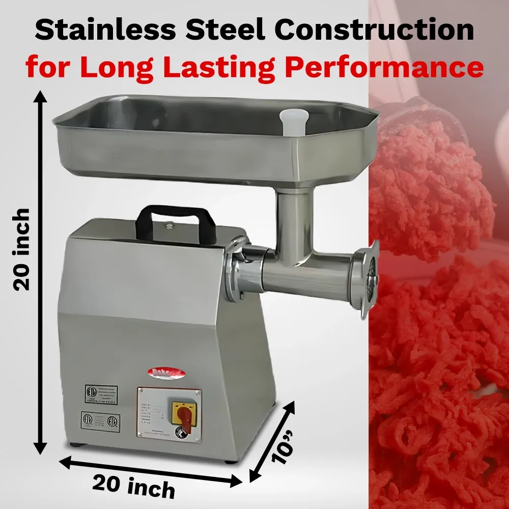 BakeMax Compact 20-inch electric countertop meat grinder, quiet operation with cooling vents, perfect for daily fresh meat grinding in small kitchens.