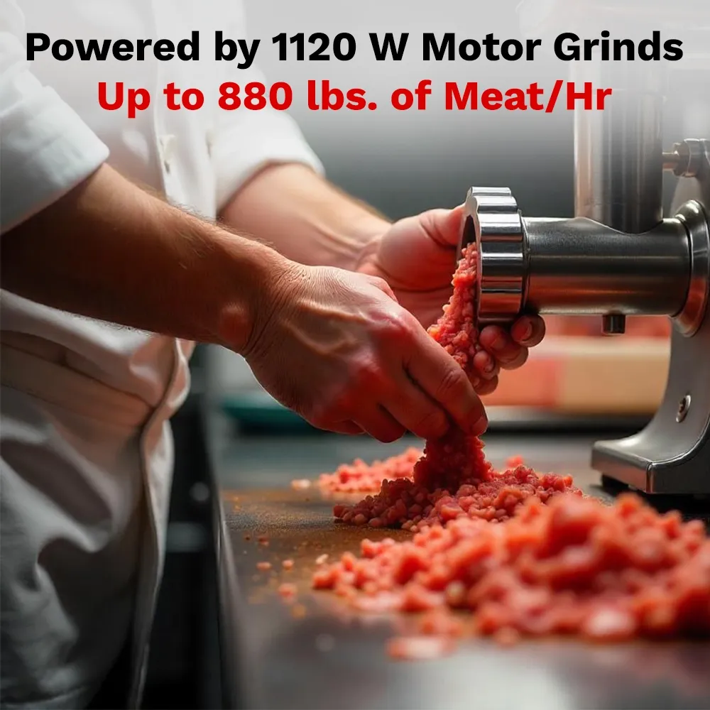 BakeMax Compact 20-inch electric countertop meat grinder, quiet operation with cooling vents, perfect for daily fresh meat grinding in small kitchens.