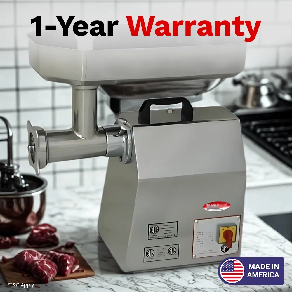 BakeMax Compact 20-inch electric countertop meat grinder, quiet operation with cooling vents, perfect for daily fresh meat grinding in small kitchens.