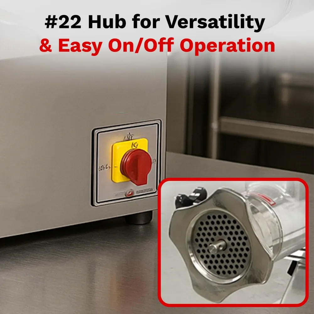 BakeMax Compact 20-inch electric countertop meat grinder, quiet operation with cooling vents, perfect for daily fresh meat grinding in small kitchens.