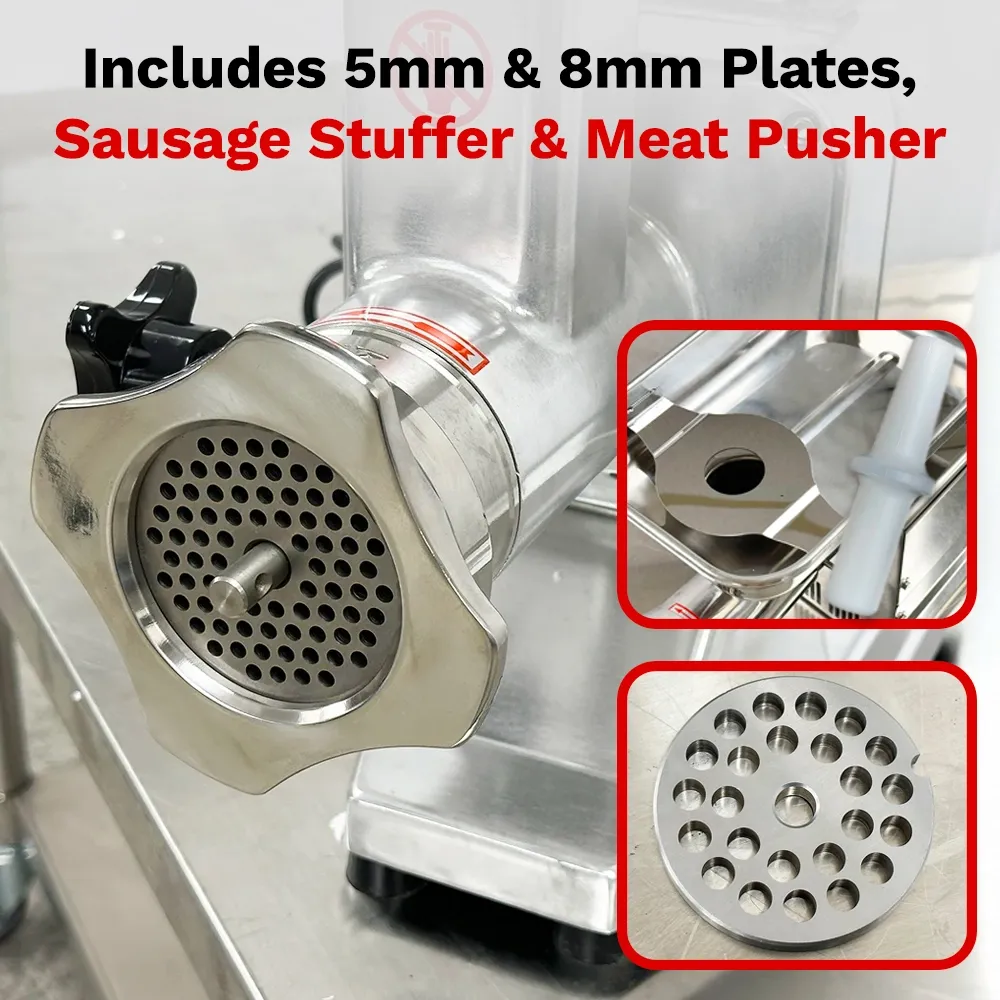 BakeMax Titan electric meat grinder with powerful motor, handles over six hundred pounds per hour, built for continuous use in commercial kitchens.