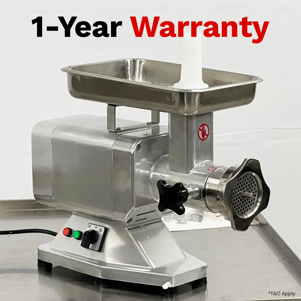 BakeMax Titan electric meat grinder with powerful motor, handles over six hundred pounds per hour, built for continuous use in commercial kitchens.