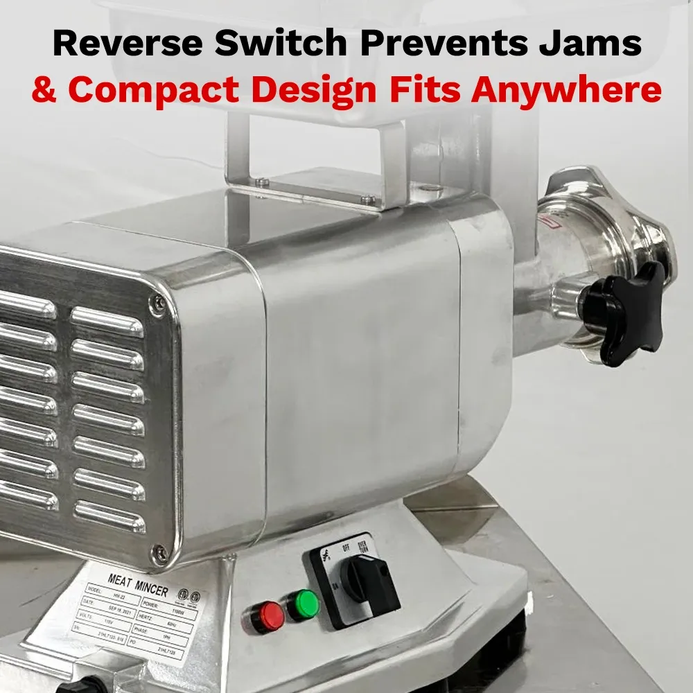 BakeMax Titan electric meat grinder with powerful motor, handles over six hundred pounds per hour, built for continuous use in commercial kitchens.