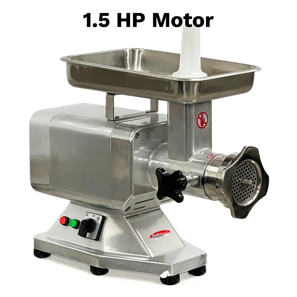 BakeMax Titan electric meat grinder with powerful motor, handles over six hundred pounds per hour, built for continuous use in commercial kitchens.