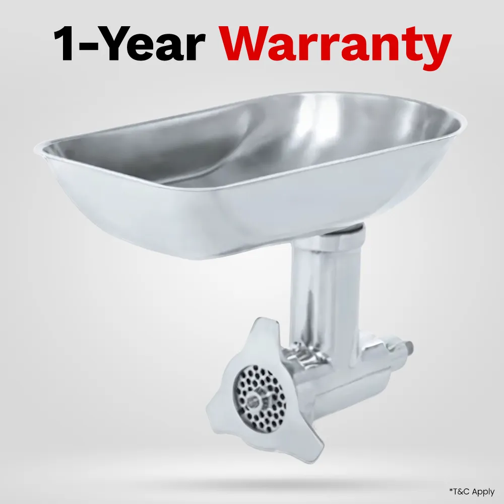 BakeMax Eight-inch grinder attachment fits compatible mixers, converting them into powerful meat processors. Polished stainless steel, dishwasher safe