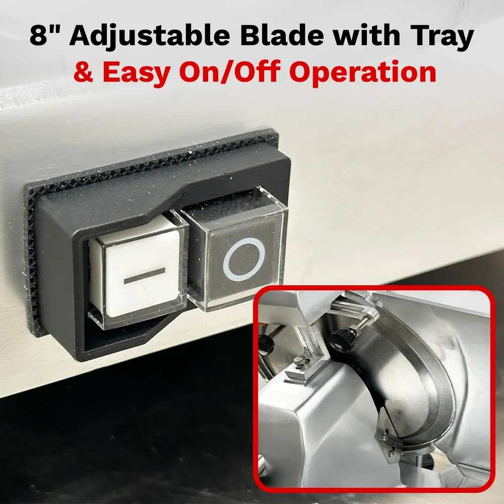 BakeMax Manual control 23.5-inch slicer with twelve-inch blade, gravity-feed design offers clean, consistent slicing for meats and vegetables.