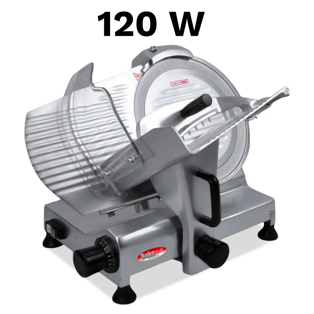 BakeMax Manual control 23.5-inch slicer with twelve-inch blade, gravity-feed design offers clean, consistent slicing for meats and vegetables.