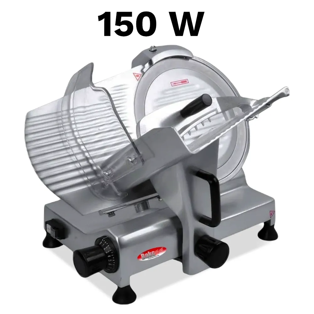 BakeMax Compact 20-inch gravity-feed slicer with ten-inch blade, effective for slicing meats and cheeses in cafés. Durable and reliable choice.