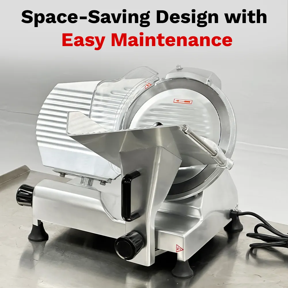 BakeMax Compact 20-inch gravity-feed slicer with ten-inch blade, effective for slicing meats and cheeses in cafés. Durable and reliable choice.
