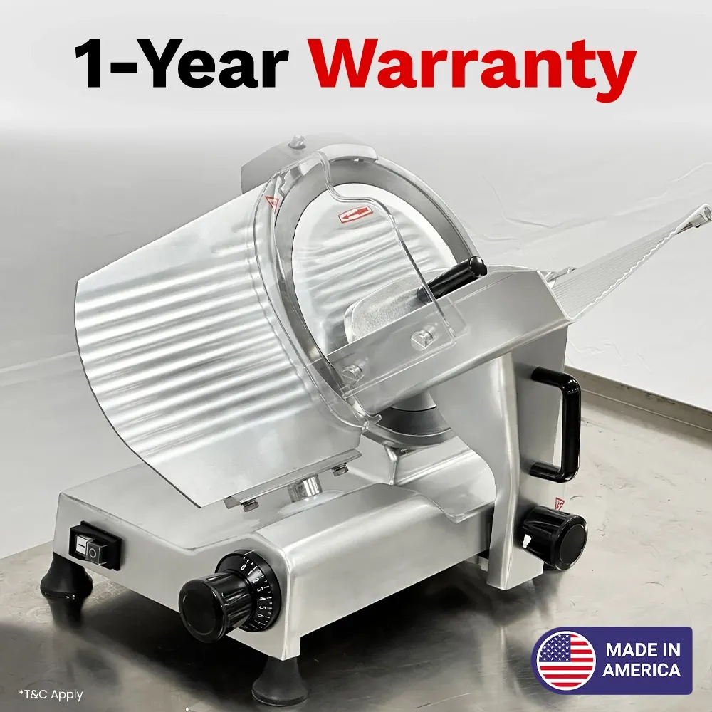 BakeMax Compact 20-inch gravity-feed slicer with ten-inch blade, effective for slicing meats and cheeses in cafés. Durable and reliable choice.