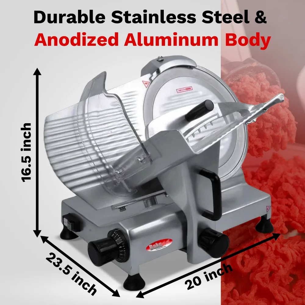 BakeMax Manual gravity-feed slicer with twelve-inch blade, perfect for delis and kitchens needing daily meat slicing. Includes built-in sharpener.