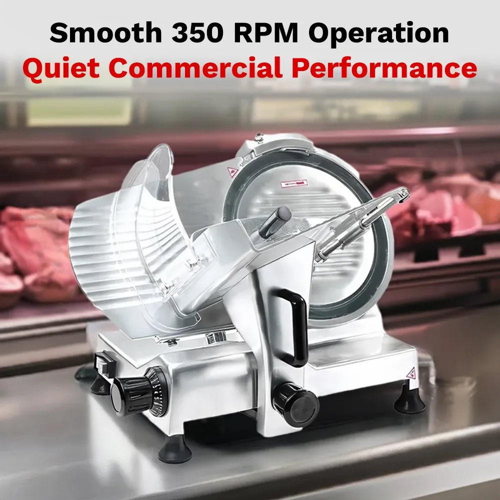 BakeMax Manual gravity-feed slicer with twelve-inch blade, perfect for delis and kitchens needing daily meat slicing. Includes built-in sharpener.