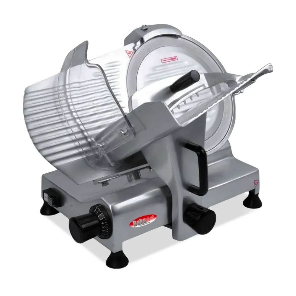BakeMax Manual gravity-feed slicer with twelve-inch blade, perfect for delis and kitchens needing daily meat slicing. Includes built-in sharpener.