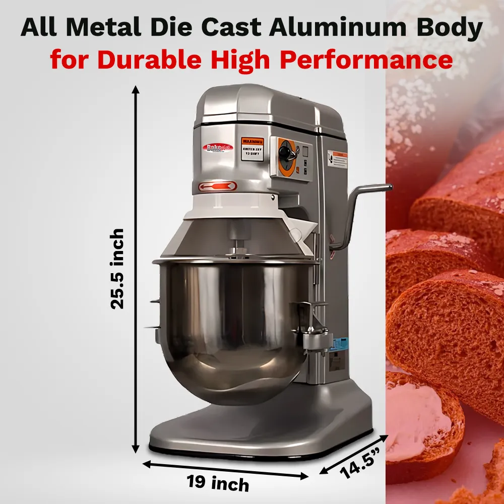 BakeMax countertop planetary mixer ideal for cafés and bakeries needing reliable performance without taking up much counter space. Smartly designed.