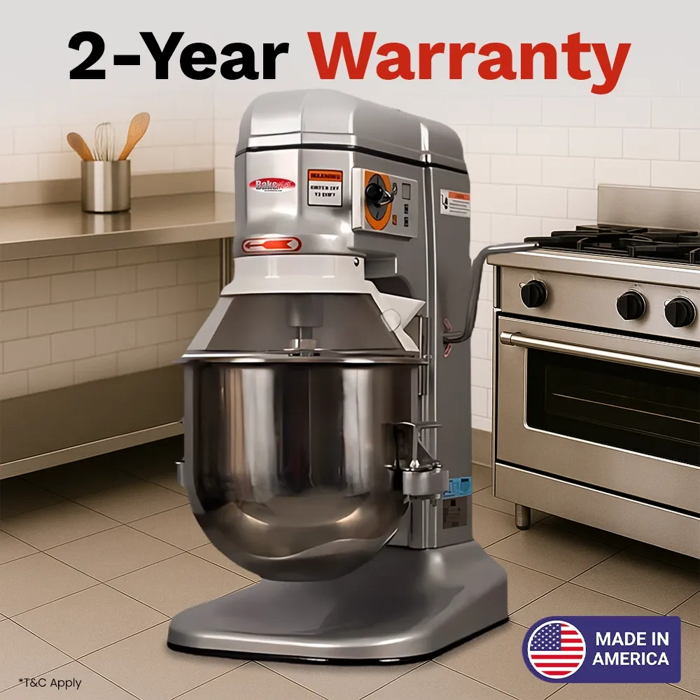 BakeMax countertop planetary mixer ideal for cafés and bakeries needing reliable performance without taking up much counter space. Smartly designed.