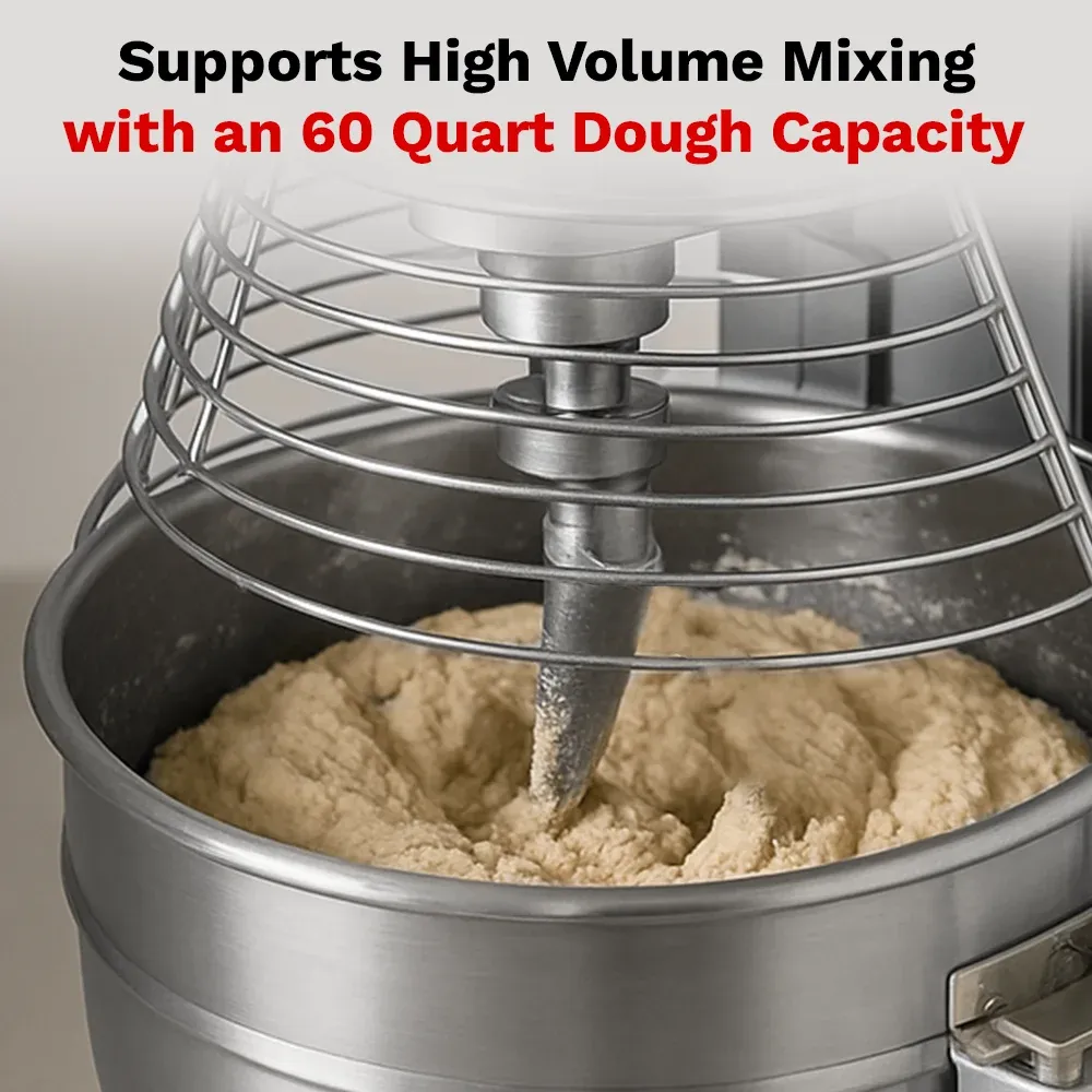 BakeMax sturdy floor planetary mixer delivering uniform mixing for bread dough and cake batter in commercial kitchens. Preferred by baking pros.