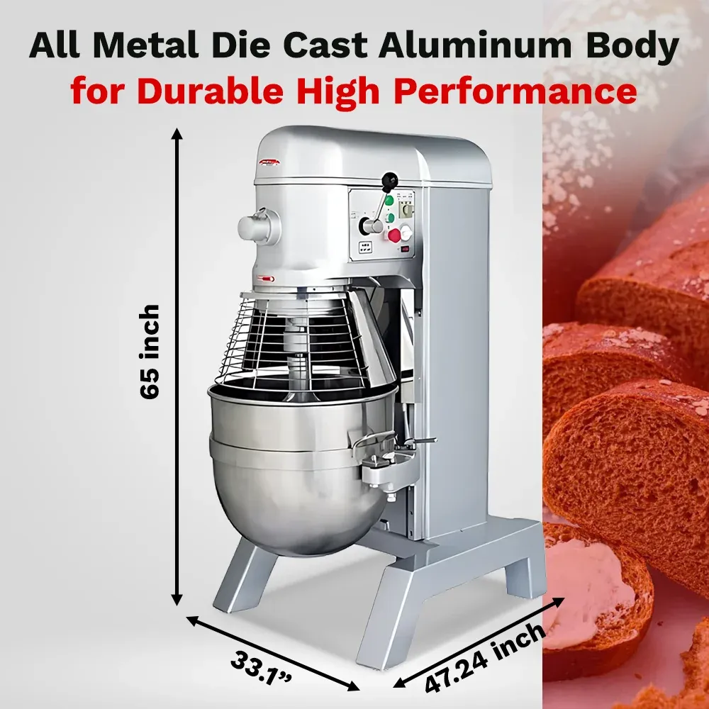 BakeMax commercial planetary mixer with large stainless steel bowl, designed for large-scale dough mixing in bakeries and food prep kitchens.