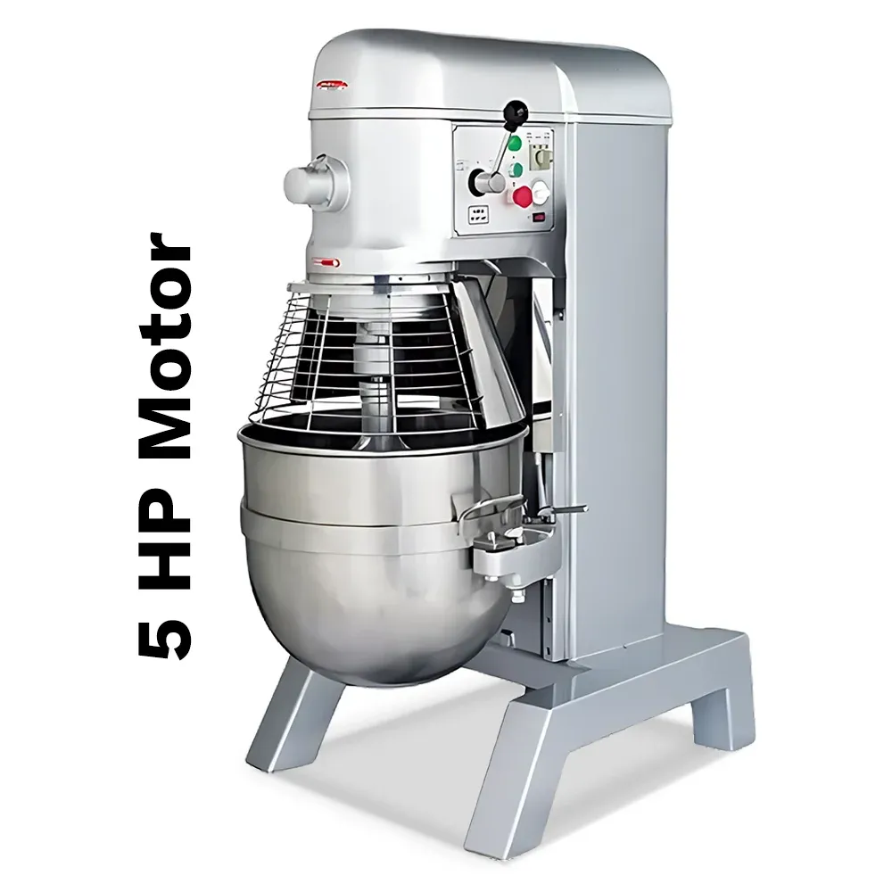 BakeMax commercial planetary mixer with large stainless steel bowl, designed for large-scale dough mixing in bakeries and food prep kitchens.