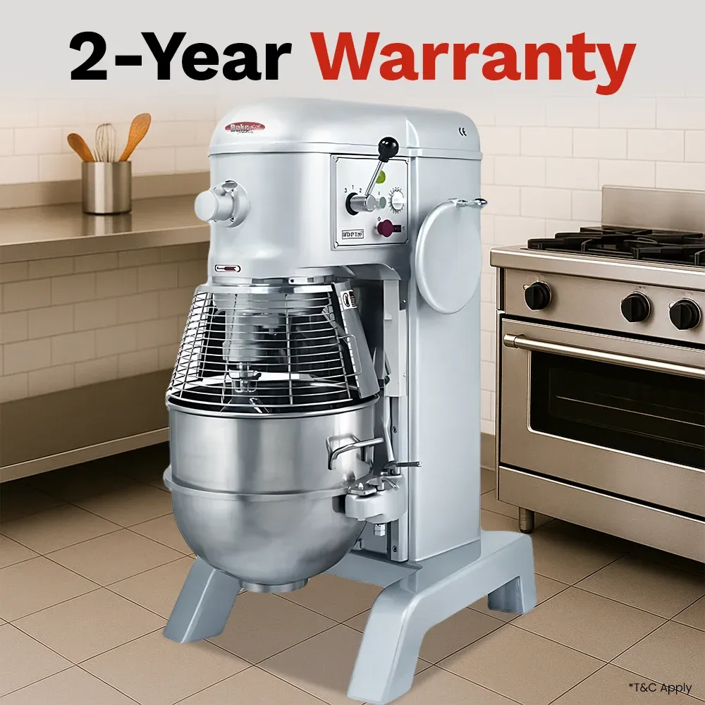 BakeMax reliable floor-standing planetary mixer with generous bowl capacity for busy bakeries and pastry kitchens. Built for high-demand performance.