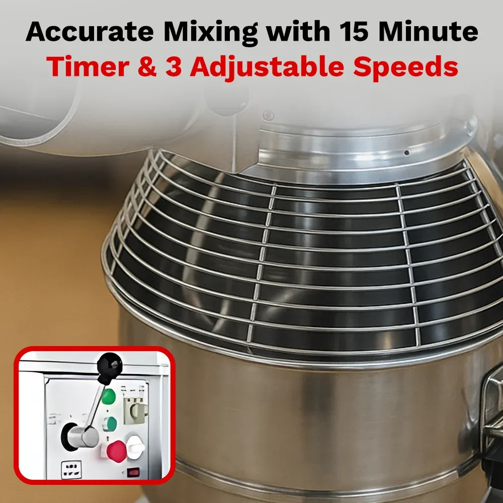 BakeMax reliable floor-standing planetary mixer with generous bowl capacity for busy bakeries and pastry kitchens. Built for high-demand performance.