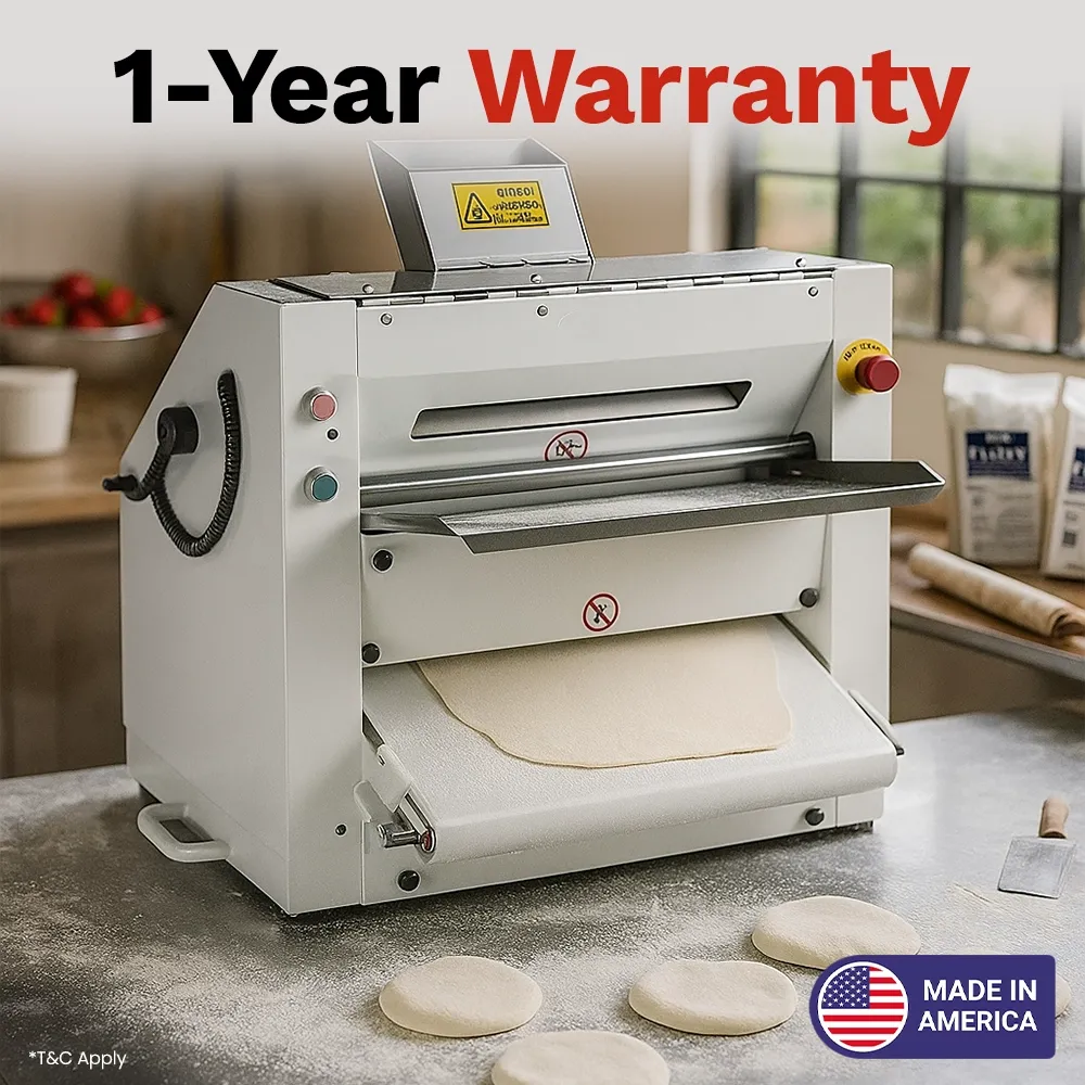 BakeMax Two-pass pizza sheeter with stainless rollers, compact countertop design, uniform thickness, easy to clean, single-phase power model.