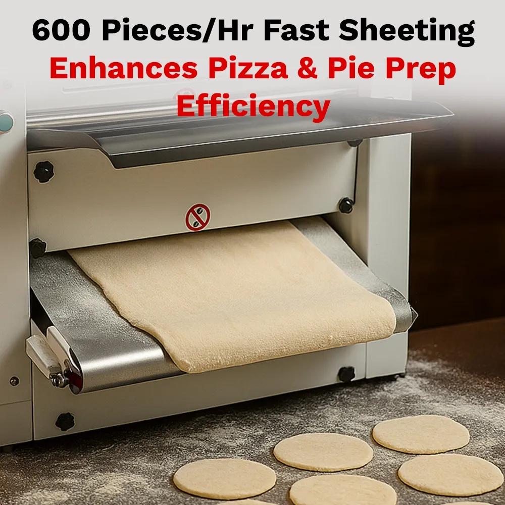 BakeMax Two-pass pizza sheeter with stainless rollers, compact countertop design, uniform thickness, easy to clean, single-phase power model.