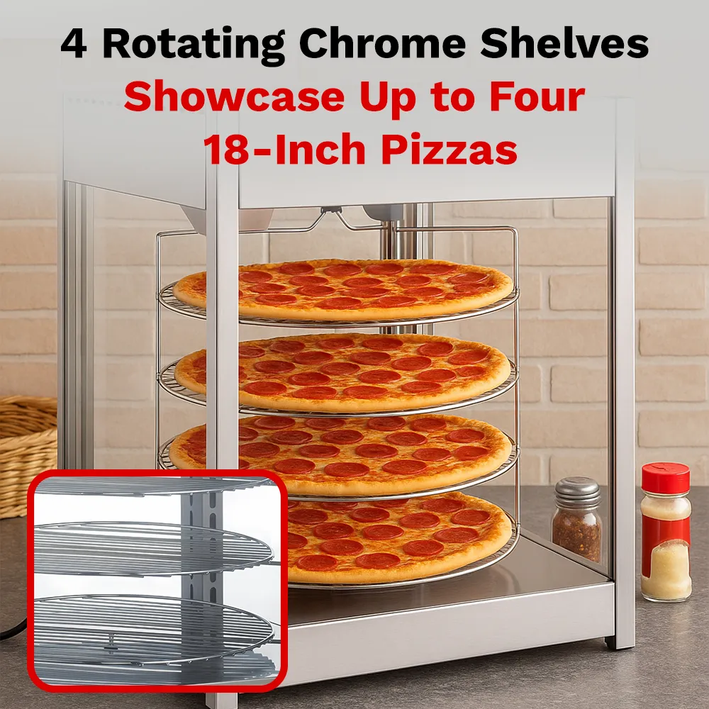 BakeMax Titan Series pizza warmer display case with countertop stainless steel body, glass panels, and multiple levels for pizza display and heating.