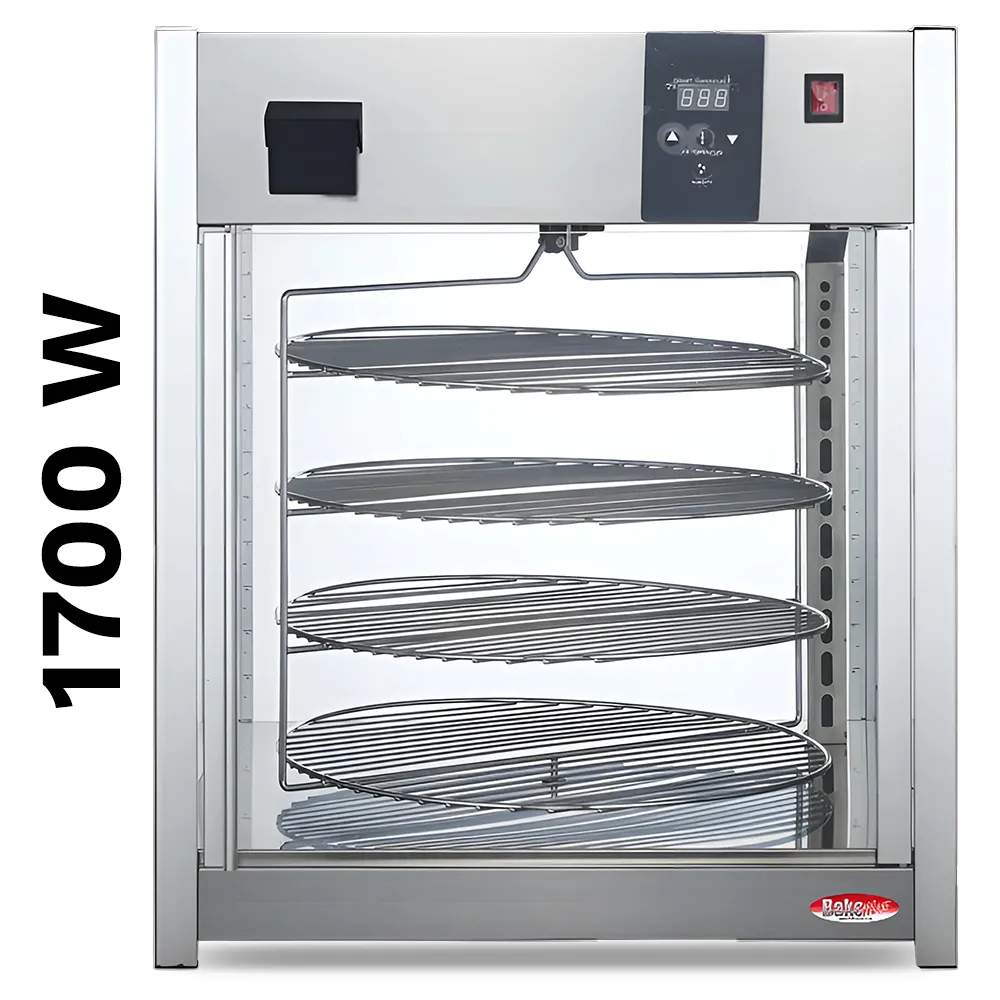 BakeMax Titan Series pizza warmer display case with countertop stainless steel body, glass panels, and multiple levels for pizza display and heating.