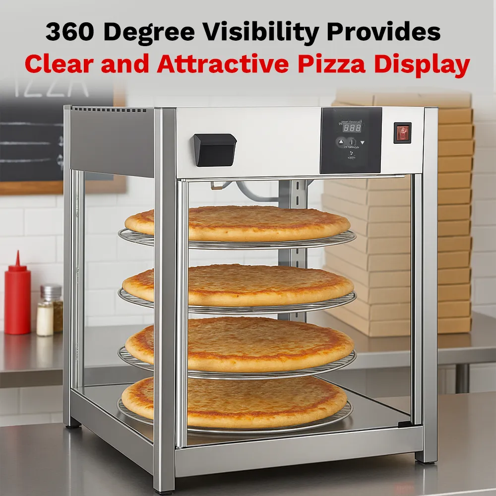 BakeMax Titan Series pizza warmer display case with countertop stainless steel body, glass panels, and multiple levels for pizza display and heating.