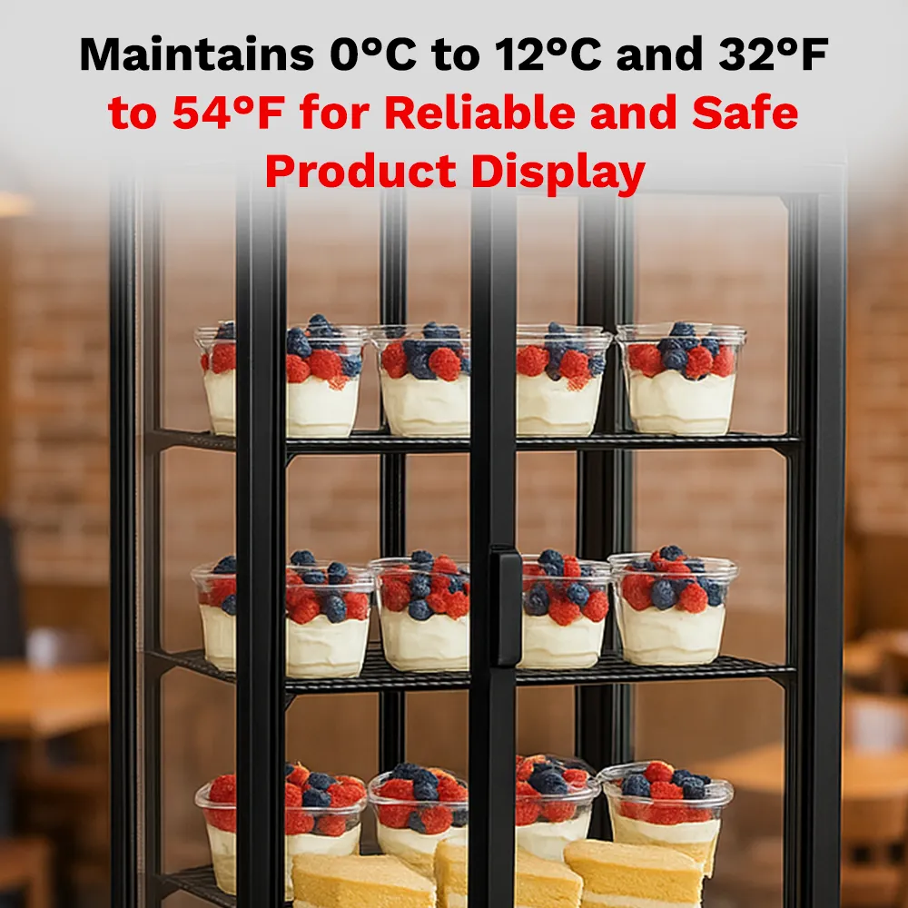 BakeMax BMRCD01 Compact Titan Series refrigerated display case with curved glass design, countertop,stainless steel and compact space-saving format.