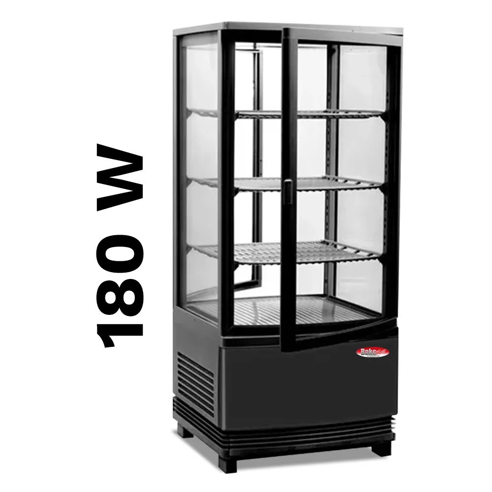 BakeMax BMRCD02 titan series refrigerated display case, countertop style with clear glass panels and interior shelves, Titan Series.