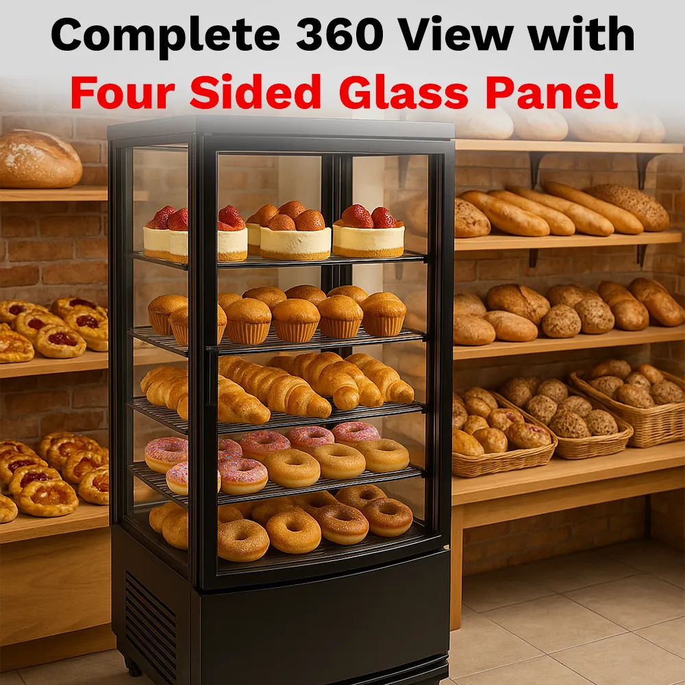 BakeMax BMRCD02 titan series refrigerated display case, countertop style with clear glass panels and interior shelves, Titan Series.