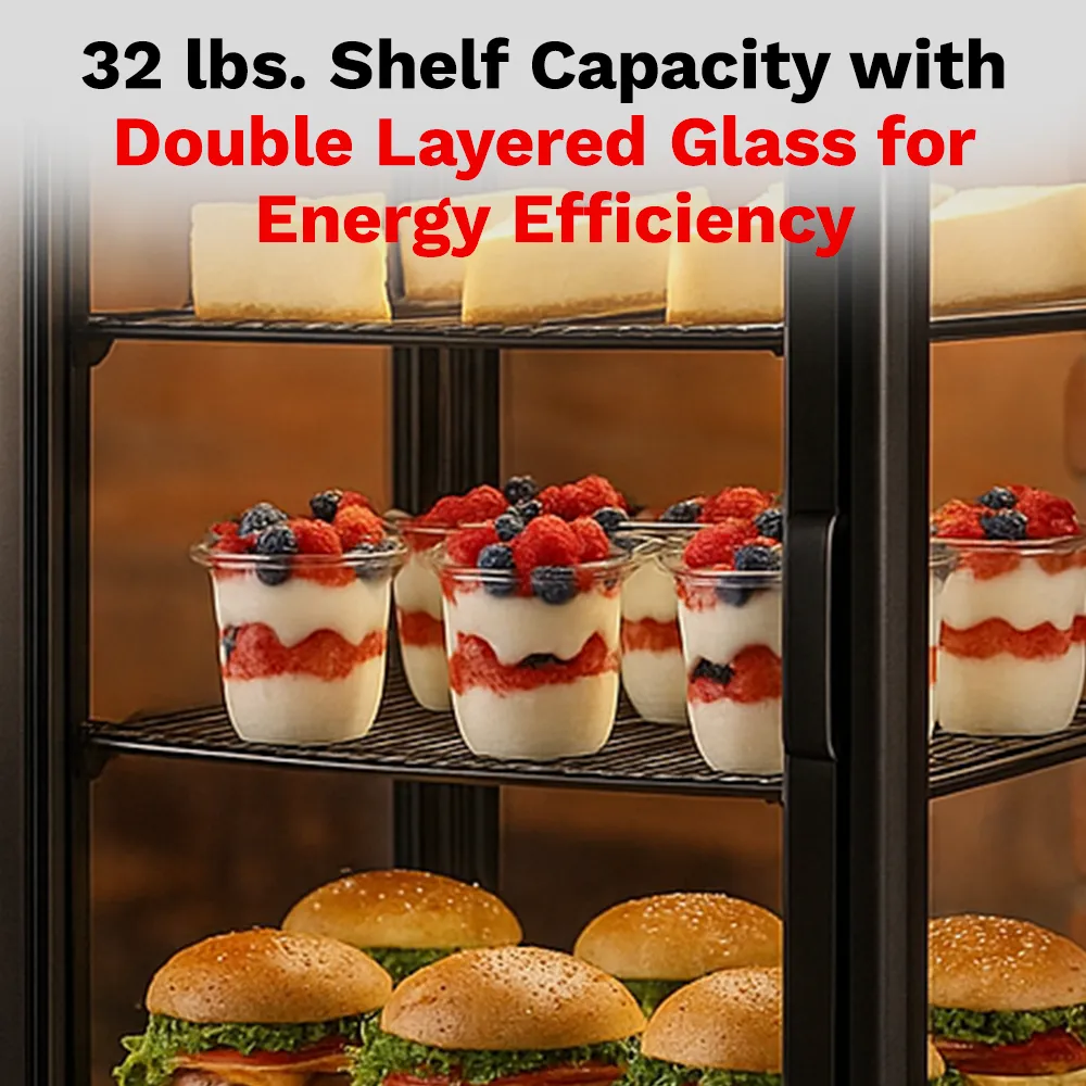 BakeMax BMRCD02 titan series refrigerated display case, countertop style with clear glass panels and interior shelves, Titan Series.