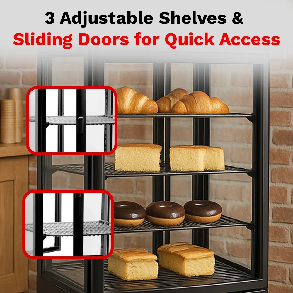 BakeMax BMRCD02 titan series refrigerated display case, countertop style with clear glass panels and interior shelves, Titan Series.