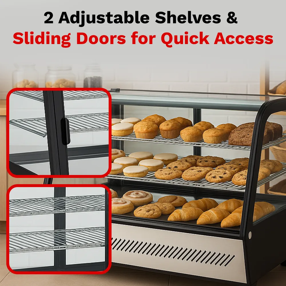 BakeMax BMREF28 titan series Compact refrigerated countertop display case with curved glass front, Titan Series, 27.6-inch model.