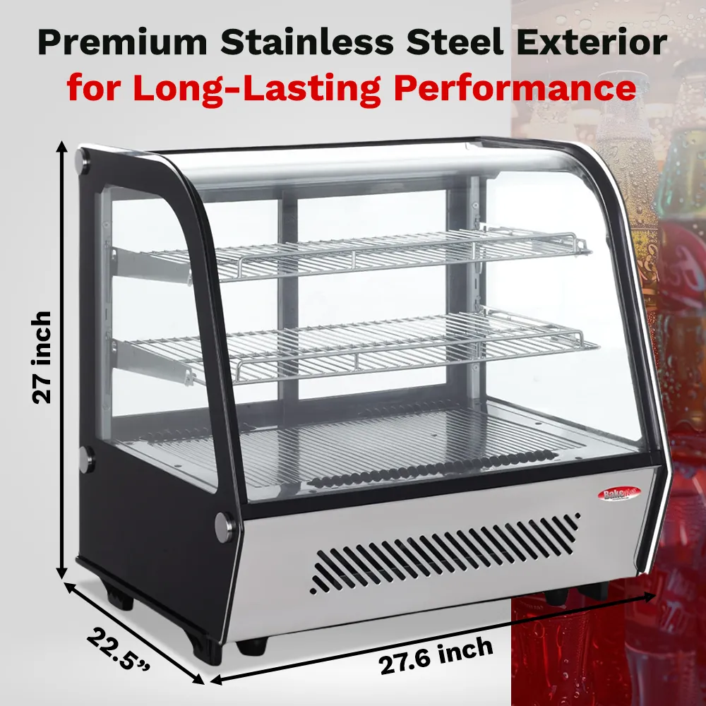 BakeMax BMREF28 titan series Compact refrigerated countertop display case with curved glass front, Titan Series, 27.6-inch model.