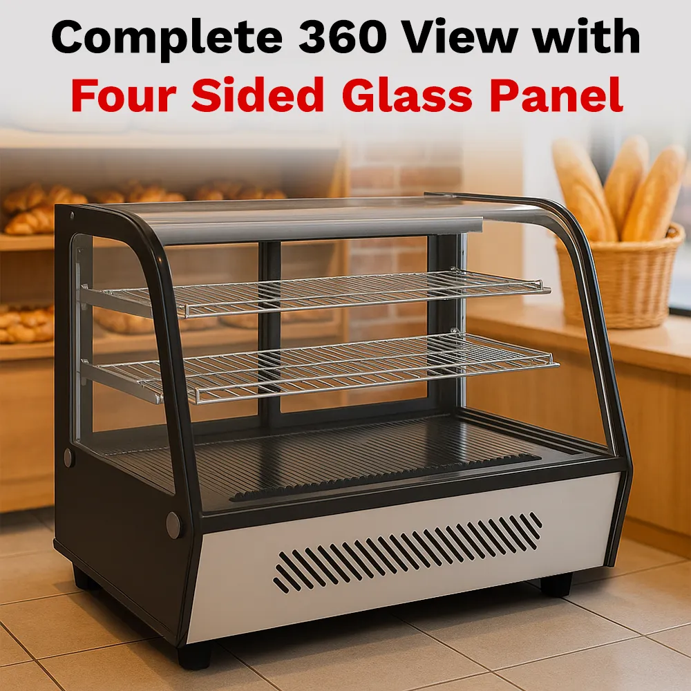 BakeMax BMREF28 titan series Compact refrigerated countertop display case with curved glass front, Titan Series, 27.6-inch model.